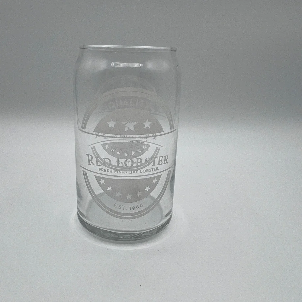 Red Lobster Can shaped Glass Etched Logo 1968 Barware